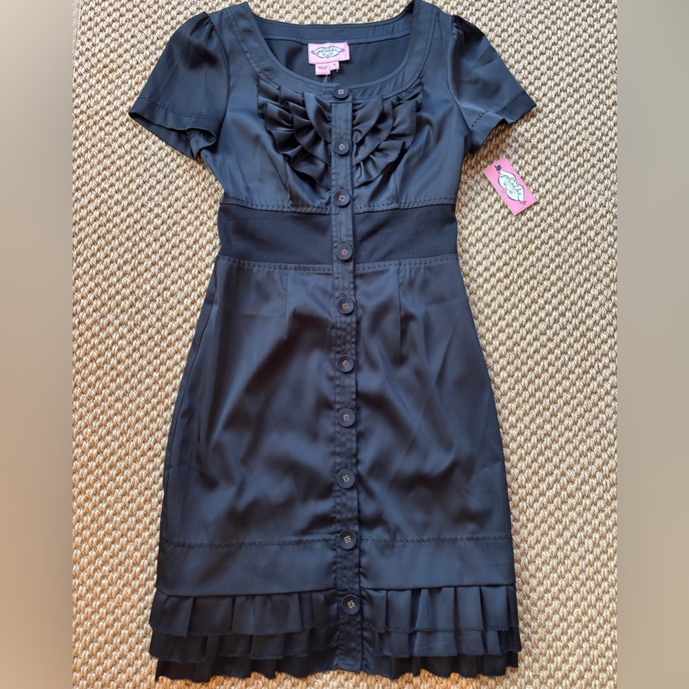 Phoebe Couture Black Ruffled Button-Front Stretch Shirt Dress Size 0 NWT